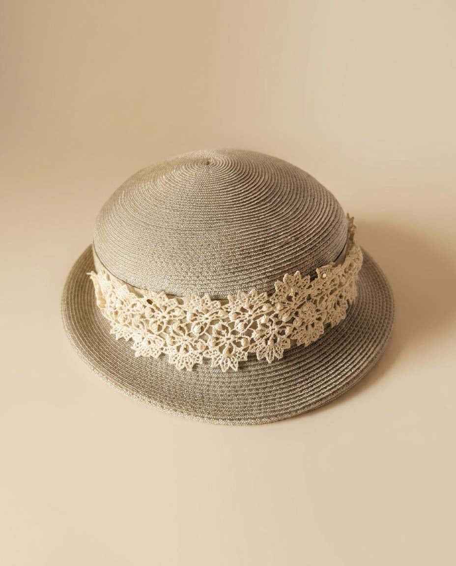 Vintage Gray Breton Hat | 1960s Woven Straw Hat with Ivory Lace Trim | Mod Women's Hat | Garden Party | Derby Hat