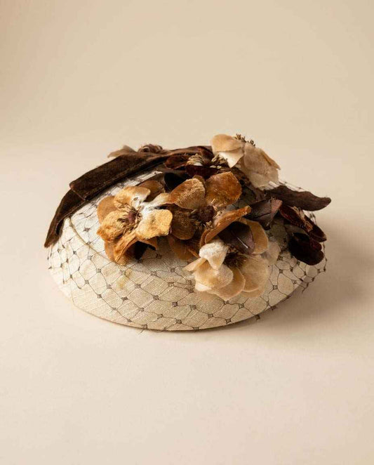 Vintage Floral Veiled Pillbox Hat | Ivory & Brown Velvet Flower Cocktail Hat | 1950s Floral Fascinator | Mid Century Wedding Hat