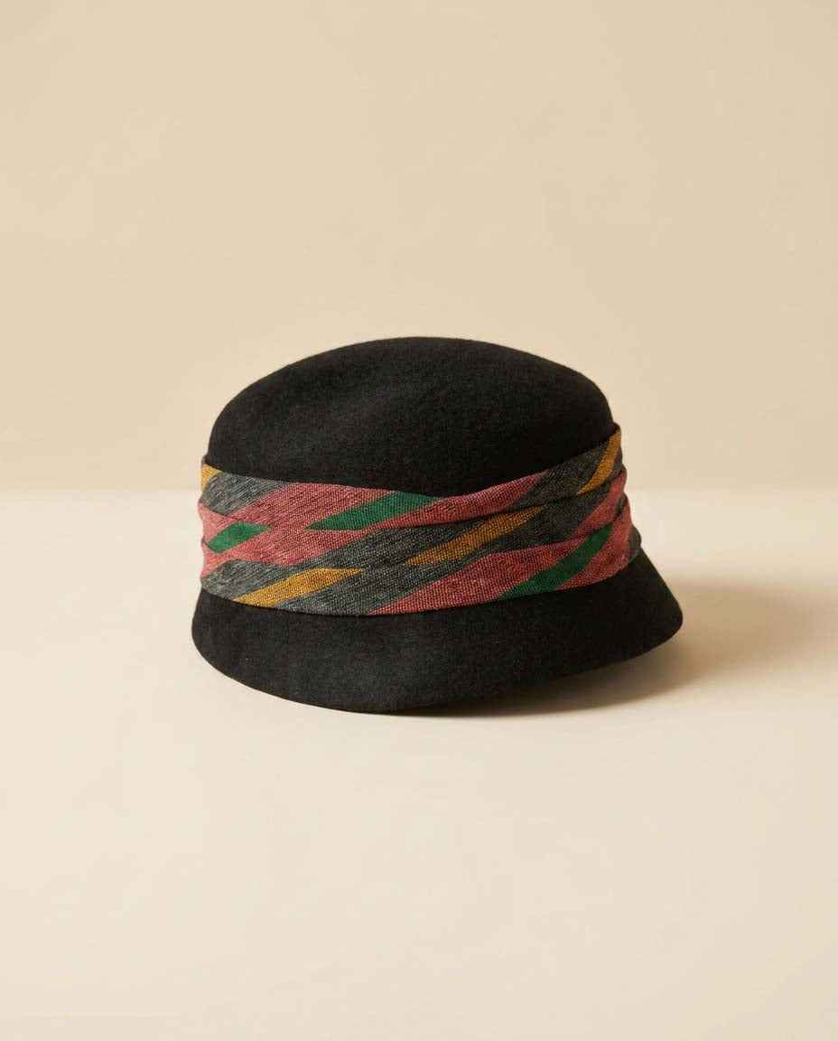 Vintage Black Wool Cloche Hat | 1960s Bell Cloche Hat | Abstract Ribbon Trim | Women's Mod Cocktail Hat | Vintage Millinery