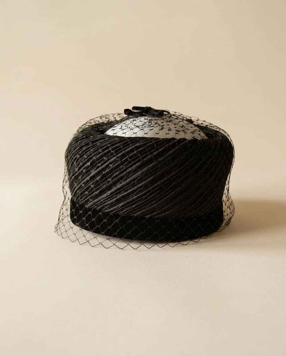 Vintage Black Satin Halo Hat with Birdcage Veil | 1950s Cocktail Halo Hat | Draped Satin Fascinator | Old Hollywood Formal Millinery | Vintage Evening Hat
