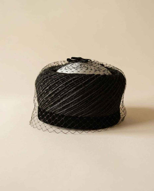Vintage Black Satin Halo Hat with Birdcage Veil | 1950s Cocktail Halo Hat | Draped Satin Fascinator | Old Hollywood Formal Millinery | Vintage Evening Hat