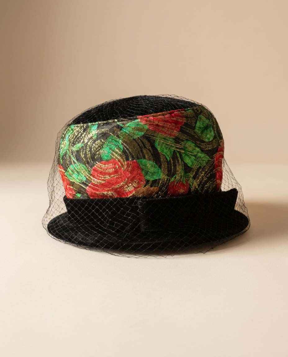 Vintage Black Velvet Floral Cocktail Hat | Veiled 1960s Pillbox Hat | Red Rose Brocade | Women's Vintage Millinery | Holiday Hat