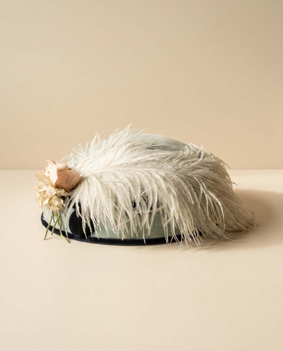 Vintage Suzy et Paulette Feather Hat | Navy Velvet Tilt Hat | Ostrich Feather Derby Hat | Paris Chicago Designer Millinery | 1950s Fascinator