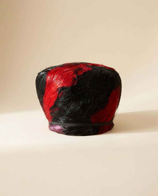 Vintage Edna Handmade Red &amp; Black Feather Toque Hat | 1960s Pillbox Hat | Feather Cocktail Hat | Mid Century Statement Millinery | Designer Vintage Hat
