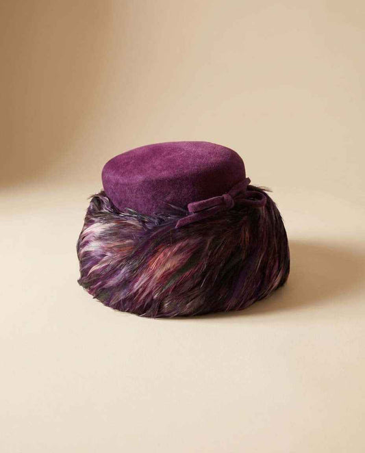 Vintage Pinehurst Feather Cocktail Hat | Fifth Avenue New York | Plum Purple Feather Pillbox Hat | Designer 1950s Hat | Denver Dry Goods Exclusive