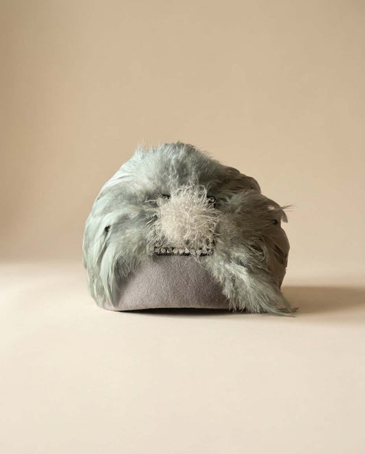 Vintage Hi's Classic Gray Feather Pillbox Hat | 1960s Cocktail Hat | Gray Wool Felt Fascinator | Rhinestone Feather Hat | Made in USA