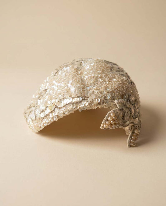 Vintage Ivory Sequin Half Hat | 1950s Beaded Cocktail Hat | Bridal Evening Hat | Floral Sequin Millinery