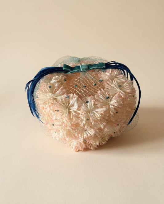 Vintage Floral Cocktail Hat | 1950s Pink Floral Fascinator | Blue Feather Tilt Hat | Pastel Spring Wedding Hat | Garden Party Hat
