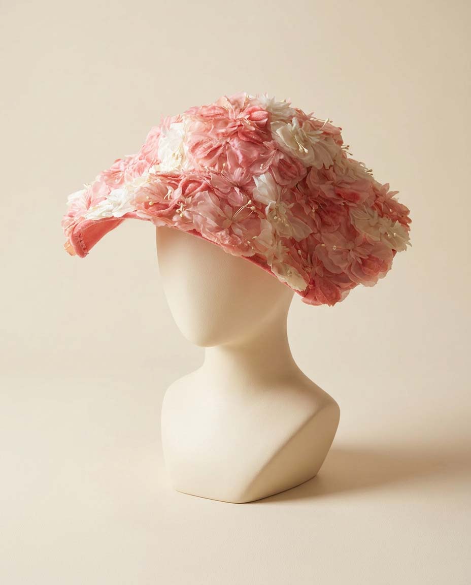 Vintage Pink Floral Picture Hat | 1950s Wide Brim Floral Hat | Romantic Garden Party Hat | Kentucky Derby Hat | Wedding Occasion Hat