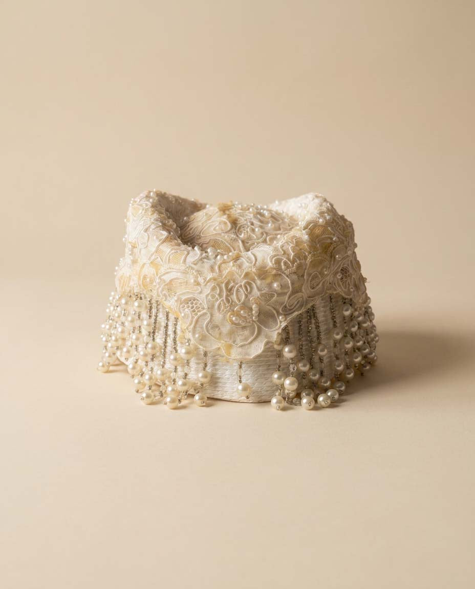 Vintage 1950s Ivory Bridal Hat with Pearl Fringe | Beaded Lace Juliet Cap | Wedding Crown | Mid Century Cocktail Hat