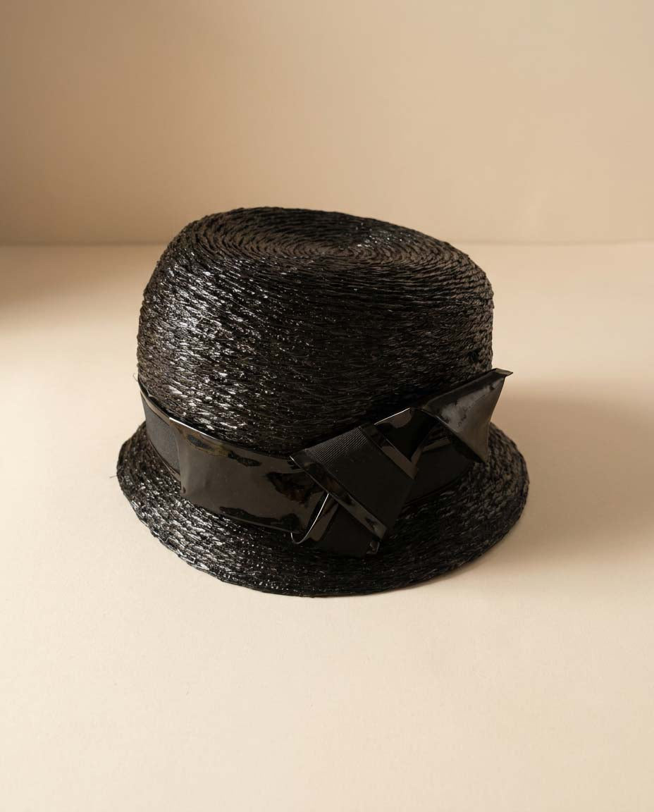 Vintage 1960s Amy New York Black Straw Bucket Hat, Designer Raffia Hat, Woven Summer Hat, Mid Century Women's Dress Hat