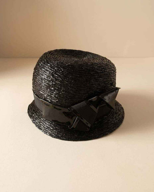 Vintage 1960s Amy New York Black Straw Bucket Hat, Designer Raffia Hat, Woven Summer Hat, Mid Century Women's Dress Hat