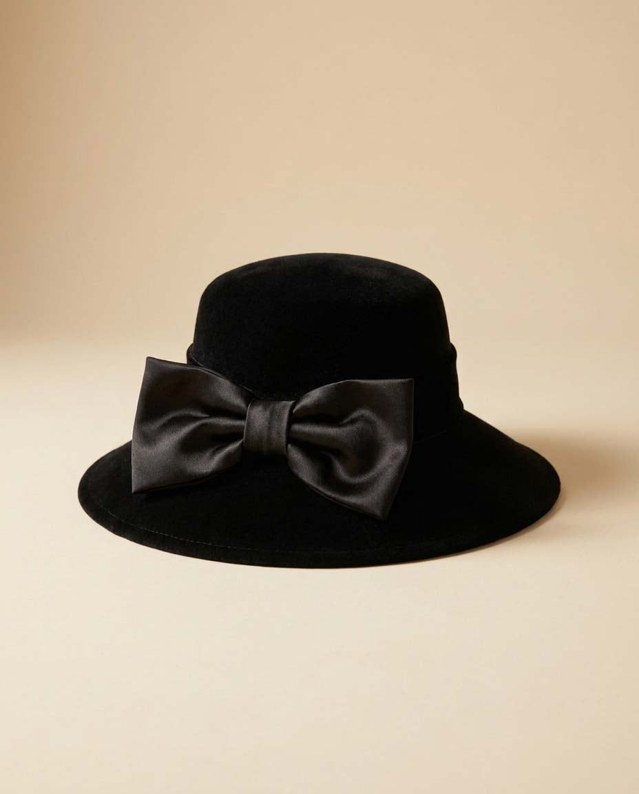 Vintage 1980s Black Wool Felt Wide Brim Hat, Plaza Suite Hat, Oversized Bow Hat, Women's Dress Hat, Church Hat, Elegant Vintage Hat