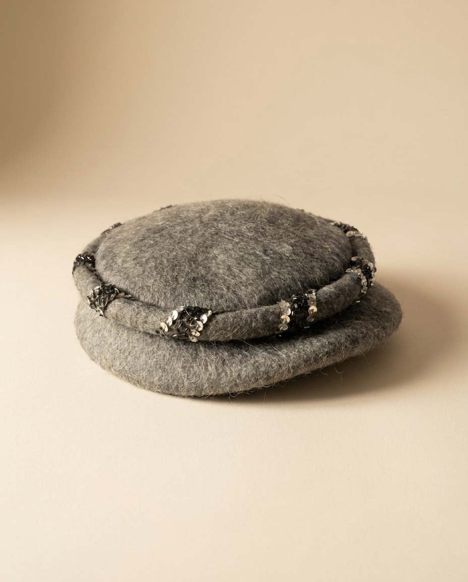 Vintage Gray Angora Blend Breton Hat, Fuzzy Wool Hat, Sequin Trim Hat, Mid Century Winter Hat, Soft Gray Hat, Classic Vintage Millinery