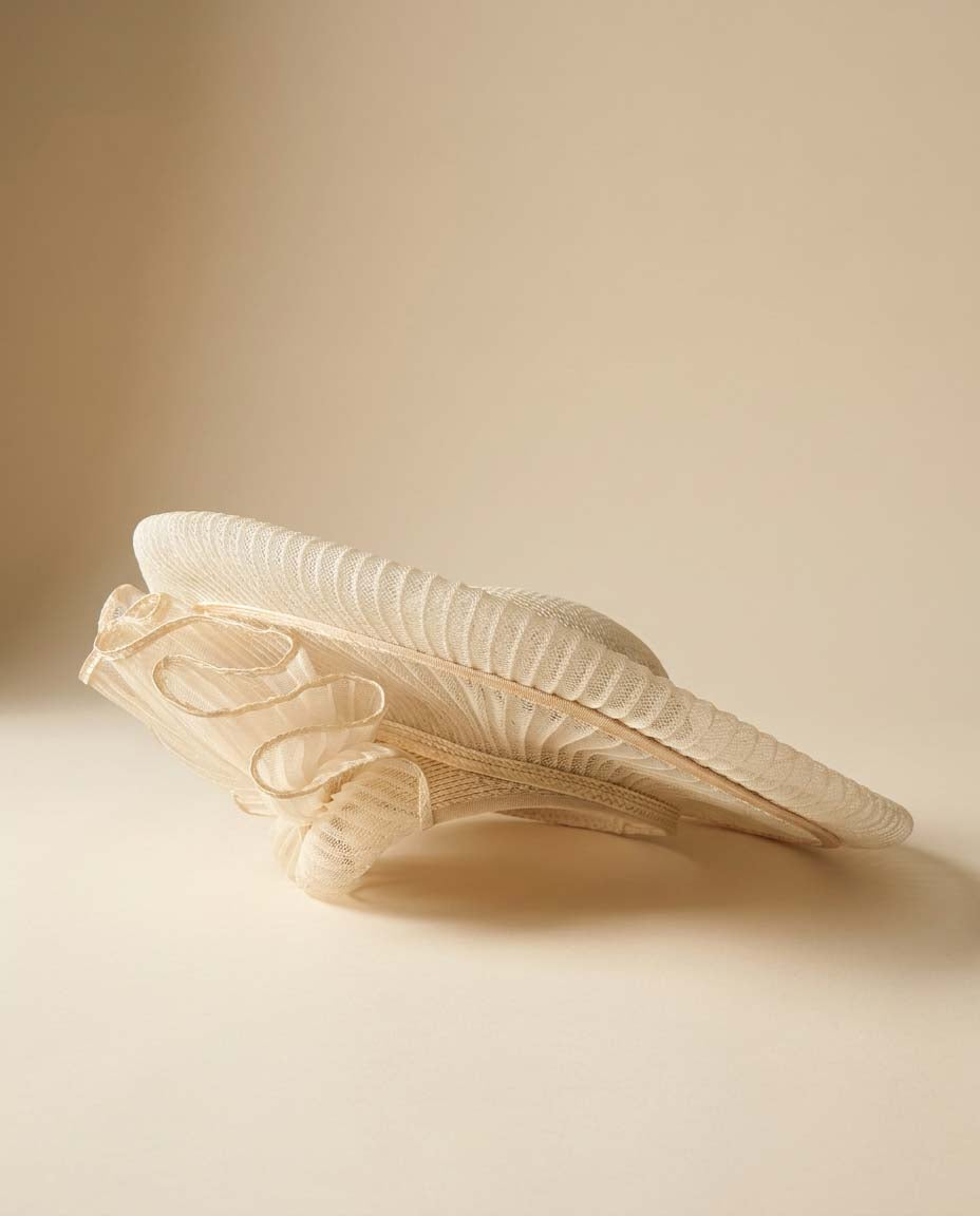 Vintage 1950s Ivory Mesh Tilt Hat | Sculptural Wide Brim Cocktail Hat | Derby Hat | Church Hat | Mid Century Occasion Hat