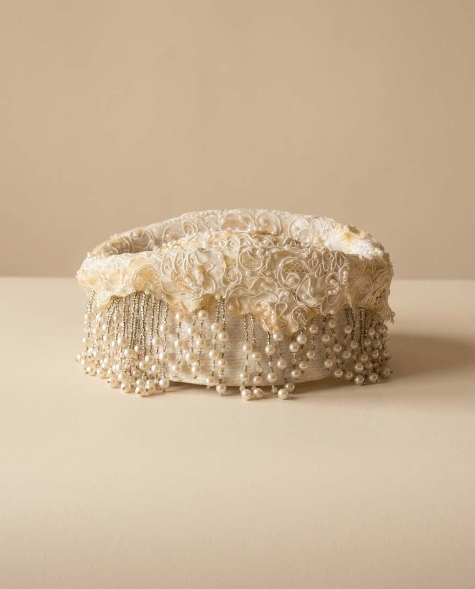 Vintage 1950s Ivory Bridal Hat with Pearl Fringe | Beaded Lace Juliet Cap | Wedding Crown | Mid Century Cocktail Hat