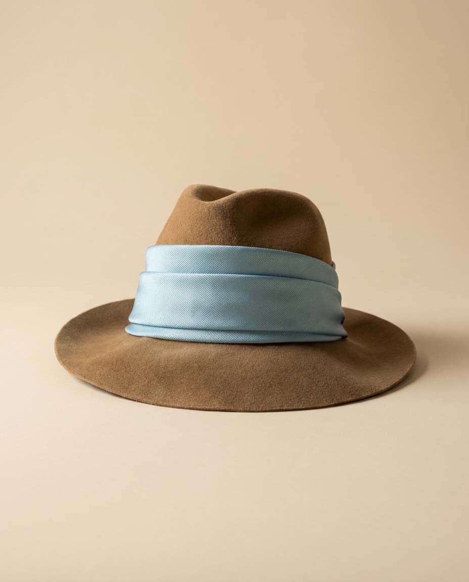 Vintage Mr. Kurt Original Camel Wool Felt Fedora Hat with Powder Blue Satin Band | Wide Brim Designer Hat