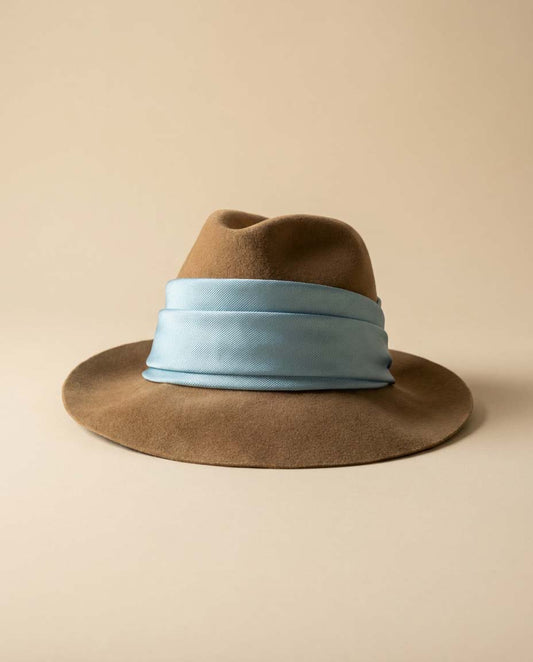 Vintage Mr. Kurt Original Camel Wool Felt Fedora Hat with Powder Blue Satin Band | Wide Brim Designer Hat