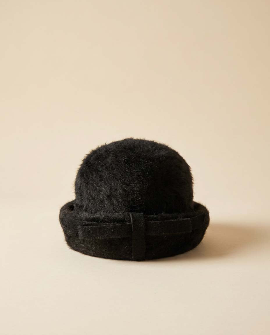 Vintage 1950s Evelyn Varon Black Angora Bucket Hat, Fuzzy Wool Felt Hat, Roll Brim Hat, Mid Century Designer Hat, Women's Vintage Hat