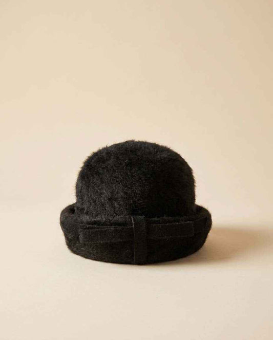 Vintage 1950s Evelyn Varon Black Angora Bucket Hat, Fuzzy Wool Felt Hat, Roll Brim Hat, Mid Century Designer Hat, Women's Vintage Hat