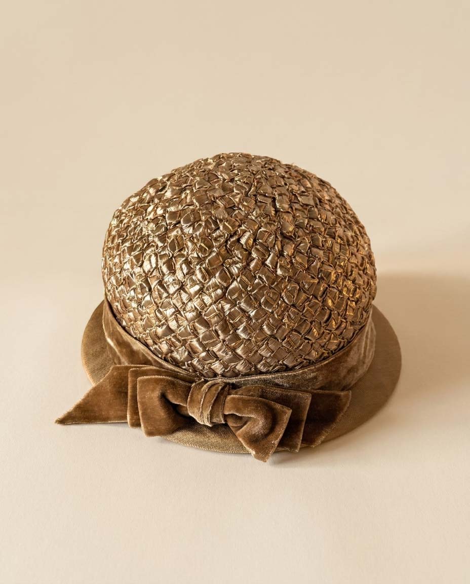 Vintage Raffia Straw Cloche Hat, Brown Raffia Hat, 1960s Straw Hat, Velvet Bow Hat, Women's Vintage Dress Hat, Cocktail Hat, Church Hat