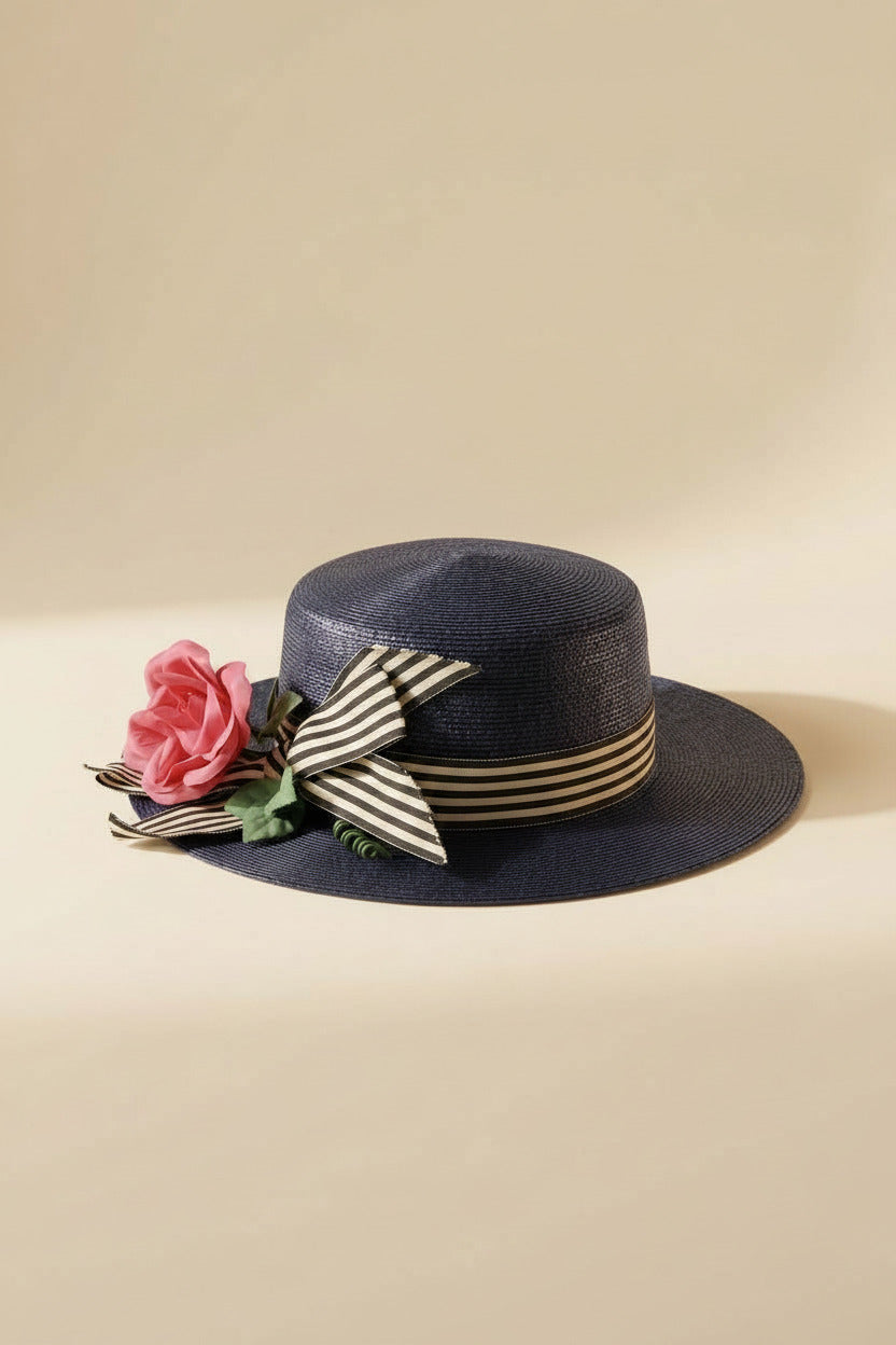 Vintage Mr. John Jr. Navy Straw Boater Hat, Deadstock Wide Brim Summer Hat, Designer Floral Ribbon Hat, New York Paris