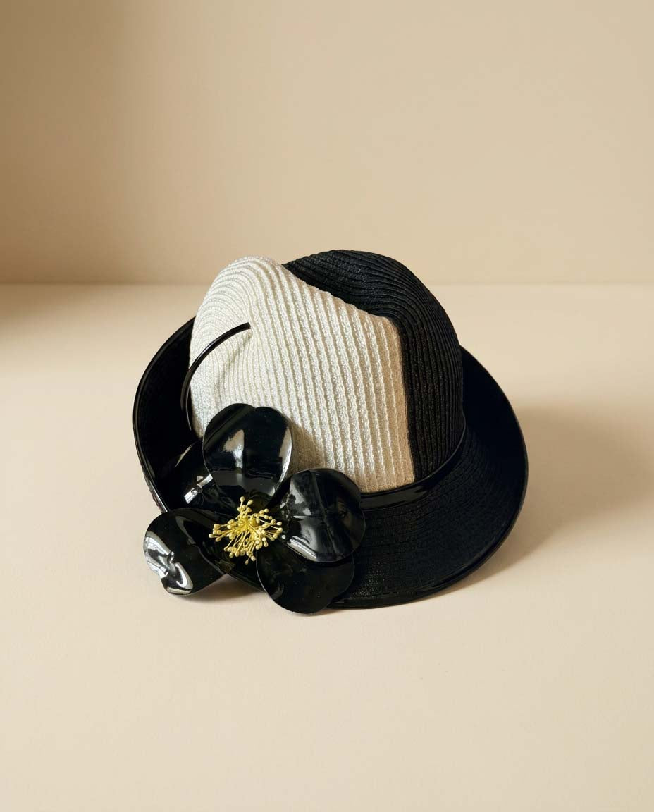 Vintage Mr. John Jr. Black White Straw Hat, Designer Cloche Hat, Floral Summer Hat, Wide Brim Dress Hat, Women's Vintage Millinery