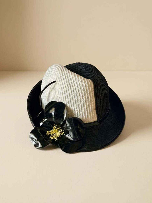 Vintage Mr. John Jr. Black White Straw Hat, Designer Cloche Hat, Floral Summer Hat, Wide Brim Dress Hat, Women's Vintage Millinery