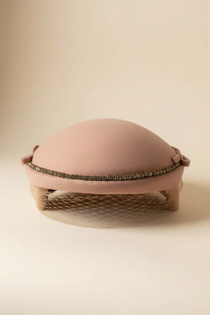 Vintage Blush Pink Half Hat, 1950s Veiled Cocktail Hat, Rhinestone Half Hat Fascinator, Wool Felt Vintage Hat, Wedding Hat, Mid Century Millinery