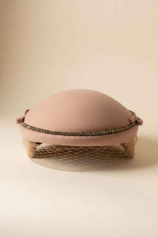 Vintage Blush Pink Half Hat, 1950s Veiled Cocktail Hat, Rhinestone Half Hat Fascinator, Wool Felt Vintage Hat, Wedding Hat, Mid Century Millinery