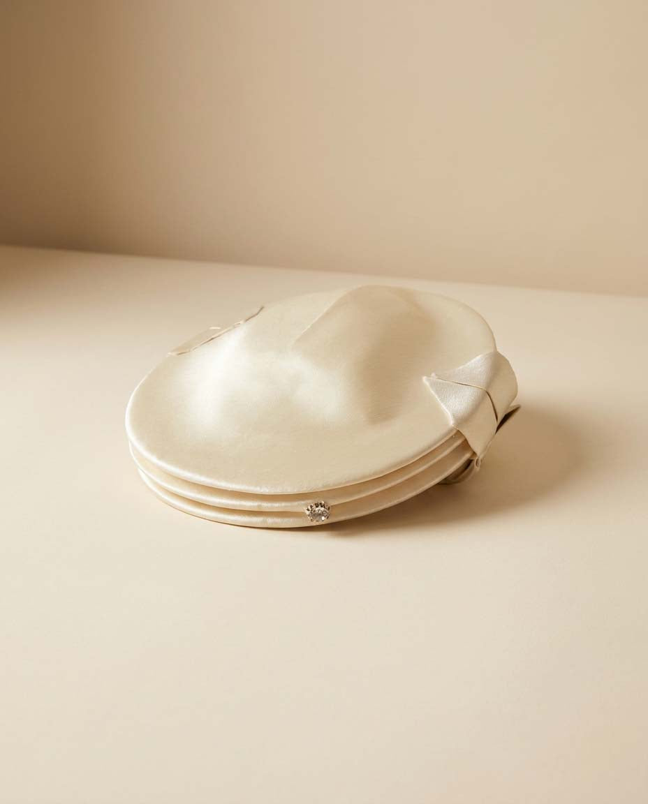 Vintage 1960s Ivory Satin Percher Hat with Birdcage Veil | Bridal Fascinator | Wedding Cocktail Hat | Mid Century Bridal Headpiece