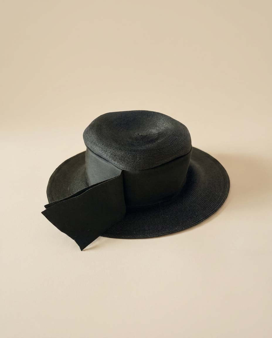 Vintage Black Wide Brim Straw Hat | 1950s 1960s Picture Hat | Black Grosgrain Ribbon Hat | Classic Formal Millinery