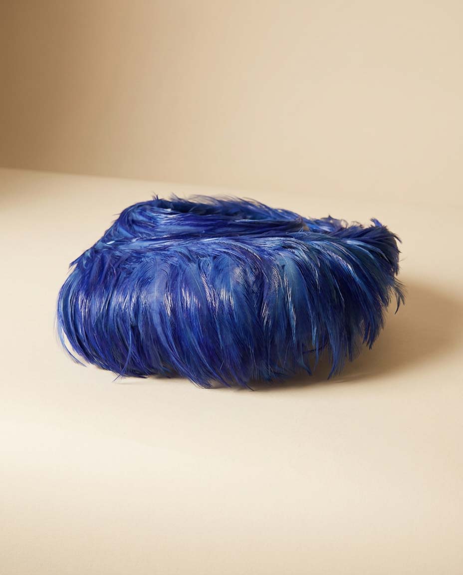 Vintage Electric Blue Feather Halo Hat | Mid Century Feather Fascinator | Sculptural Cocktail Hat | Women's Statement Millinery