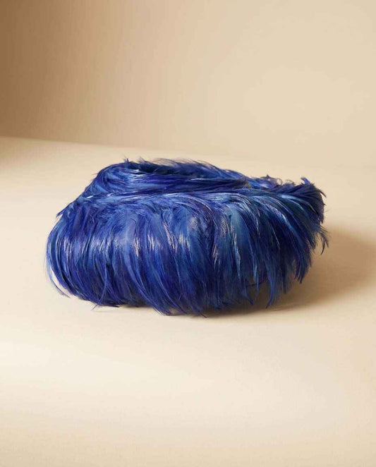 Vintage Electric Blue Feather Halo Hat | Mid Century Feather Fascinator | Sculptural Cocktail Hat | Women's Statement Millinery