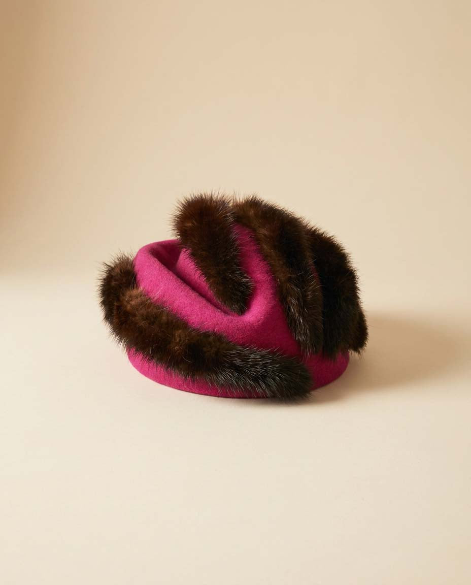 Vintage Mr. John Classic Mink Fur Hat | 1960s Fuchsia Wool Felt Cocktail Hat | Designer Tilt Hat | Luxury Vintage Millinery
