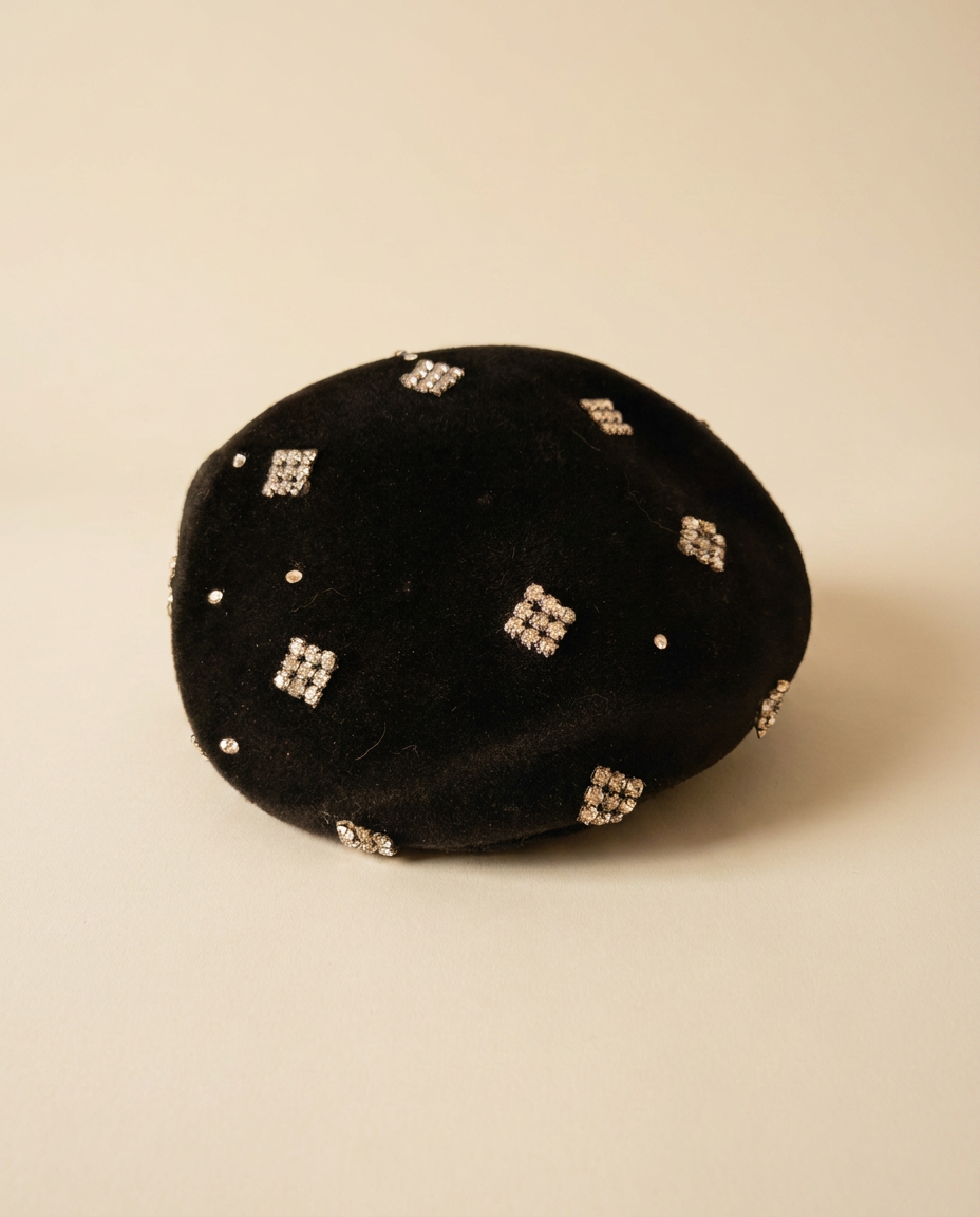 Versailles Black Wool Half Hat Beret | Made in France Rhinestone Small Beret Look | Vintage French Designer Hat | Paris Style