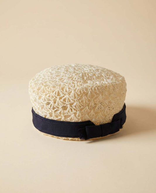 Vintage Ivory Straw Pillbox Hat | Openwork Summer Hat | Black Grosgrain Trim | 1960s The Flisbee Co. Cleveland