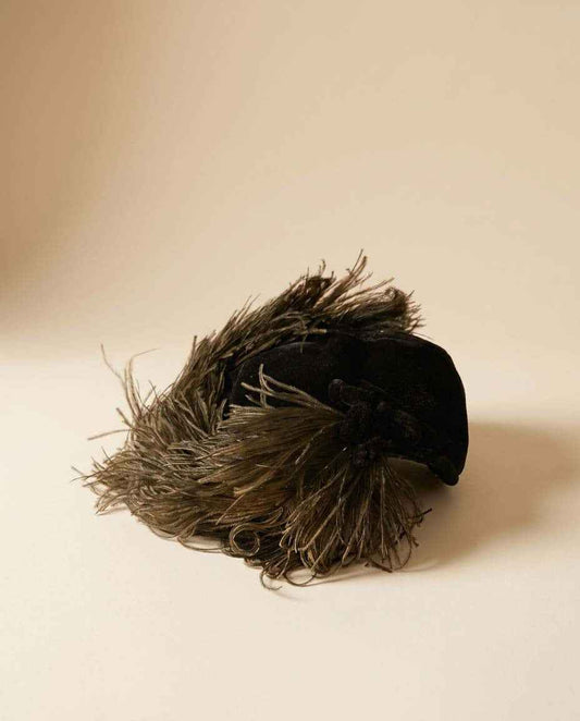 Vintage Bloomingdale's Black Velvet Cocktail Hat | Ostrich Feather Fascinator | 1950s 1960s Evening Hat | Designer Millinery