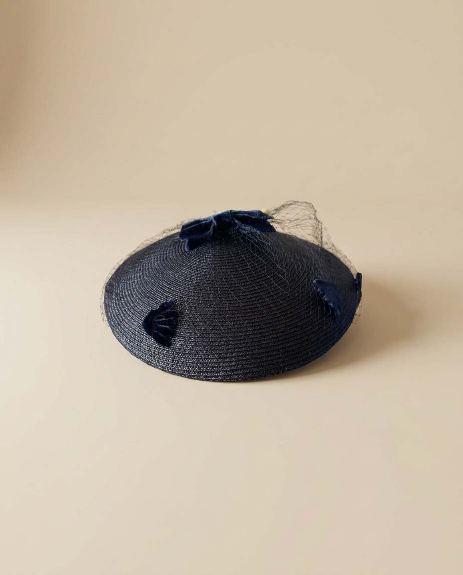 Vintage Navy Straw Half Hat & Veil Set | Two Piece Fascinator | Velvet Bow Cocktail Hat | Mid Century Designer Millinery