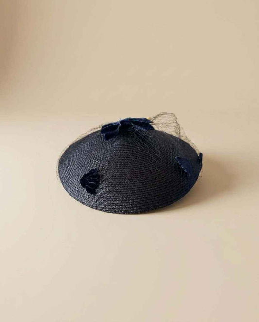 Vintage Navy Straw Half Hat & Veil Set | Two Piece Fascinator | Velvet Bow Cocktail Hat | Mid Century Designer Millinery