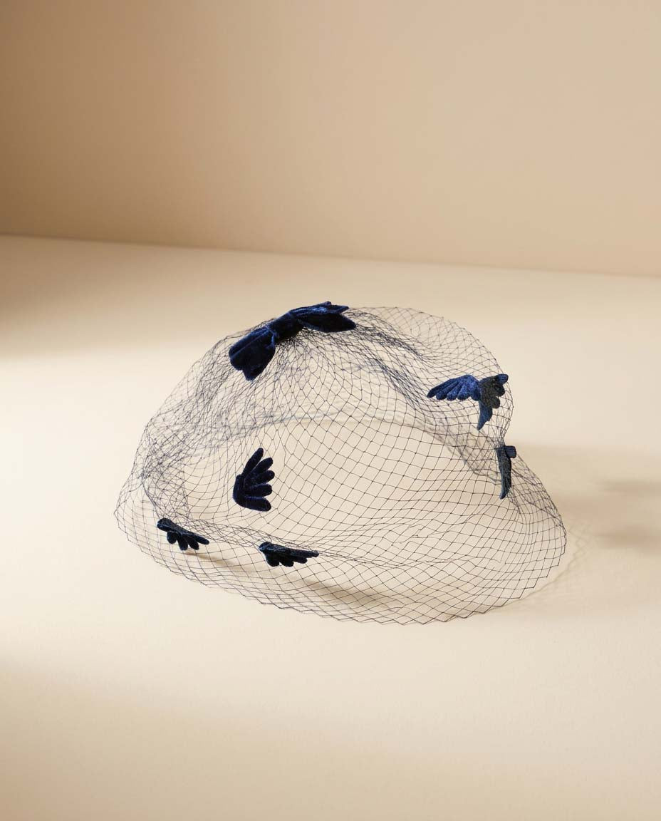 Vintage Navy Straw Half Hat & Veil Set | Two Piece Fascinator | Velvet Bow Cocktail Hat | Mid Century Designer Millinery