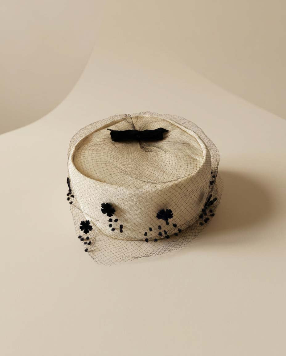 Vintage Judy Gay Pillbox Hat | Ivory Satin Hat with Black Flocked Veil | 1960s Cocktail Hat | Wedding Church Hat