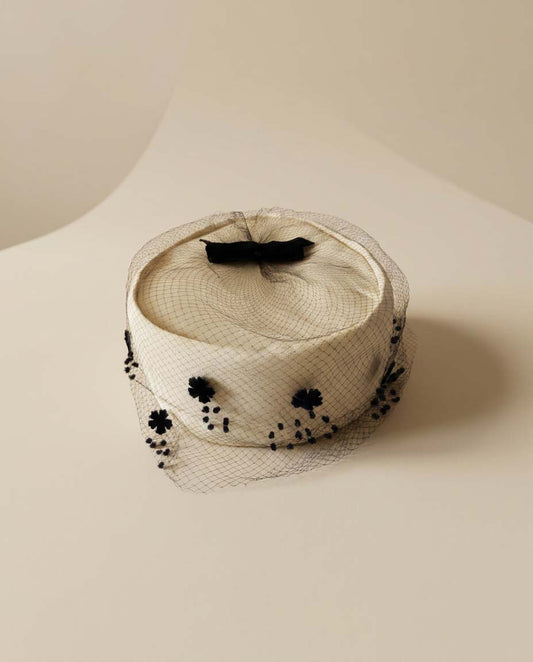 Vintage Judy Gay Pillbox Hat | Ivory Satin Hat with Black Flocked Veil | 1960s Cocktail Hat | Wedding Church Hat