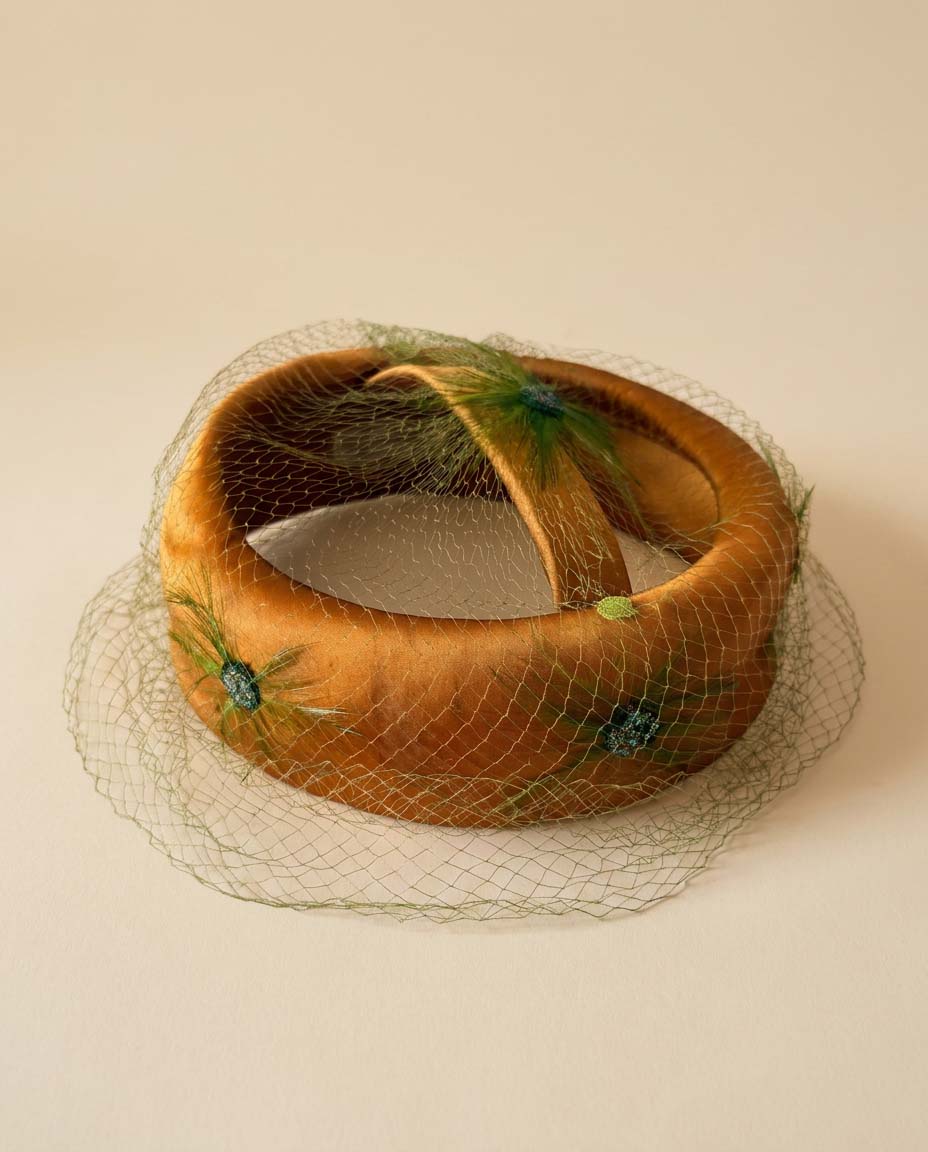 Vintage Satin Halo Hat | Brown Cocktail Hat with Birdcage Veil | 1950s 1960s Fascinator | Elegant Mid Century Millinery