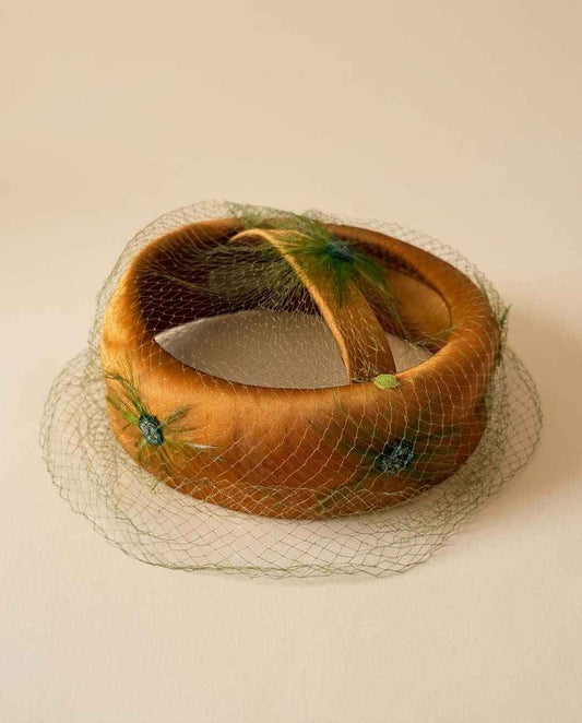 Vintage Satin Halo Hat | Brown Cocktail Hat with Birdcage Veil | 1950s 1960s Fascinator | Elegant Mid Century Millinery