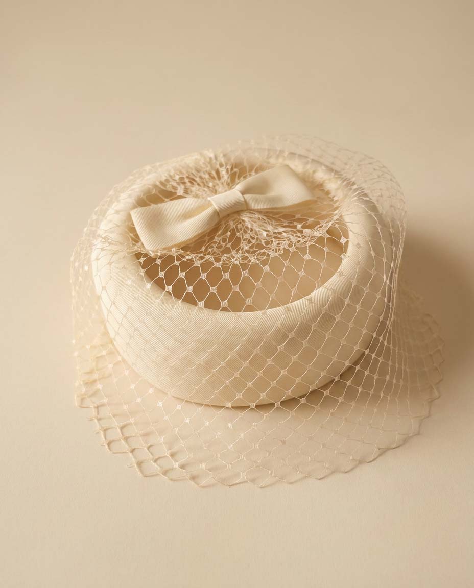 Vintage Ivory Halo Hat | 1960s Bridal Halo with Birdcage Veil | Satin Bow Wedding Headpiece | Vintage Wedding Hat