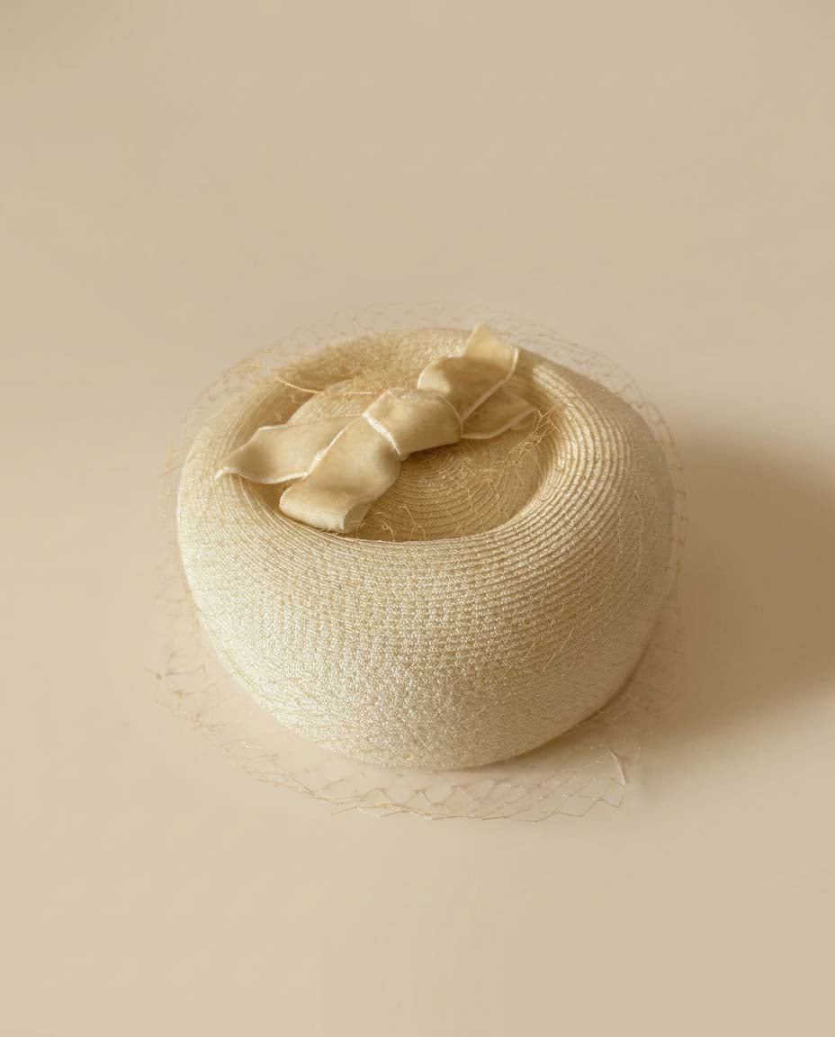 Vintage Ivory Pillbox Hat | 1960s Birdcage Veil Wedding Hat | Velvet Bow Bridal Hat | Mid Century Cocktail Hat
