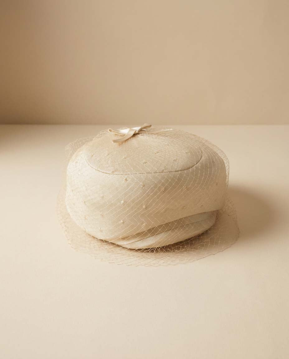 Vintage Ivory Veiled Pillbox Hat | 1960s Swiss Dot Cocktail Hat | Bridal Fascinator | Mid Century Wedding Hat