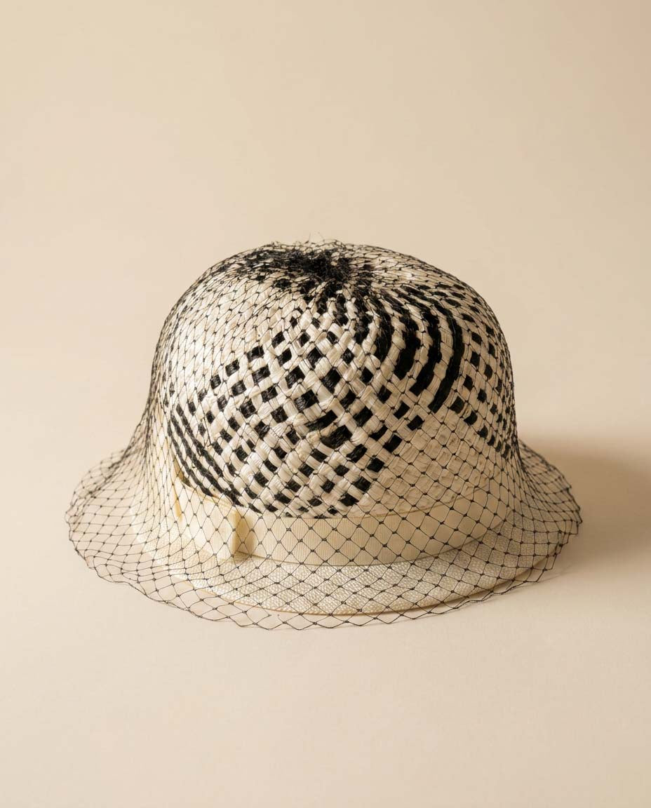 Vintage Black and White Cloche Hat | 1960s Woven Straw Bucket Hat with Birdcage Veil | Mod Summer Cocktail Hat