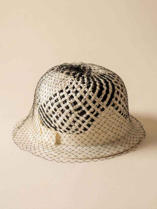 Vintage Black and White Cloche Hat | 1960s Woven Straw Bucket Hat with Birdcage Veil | Mod Summer Cocktail Hat